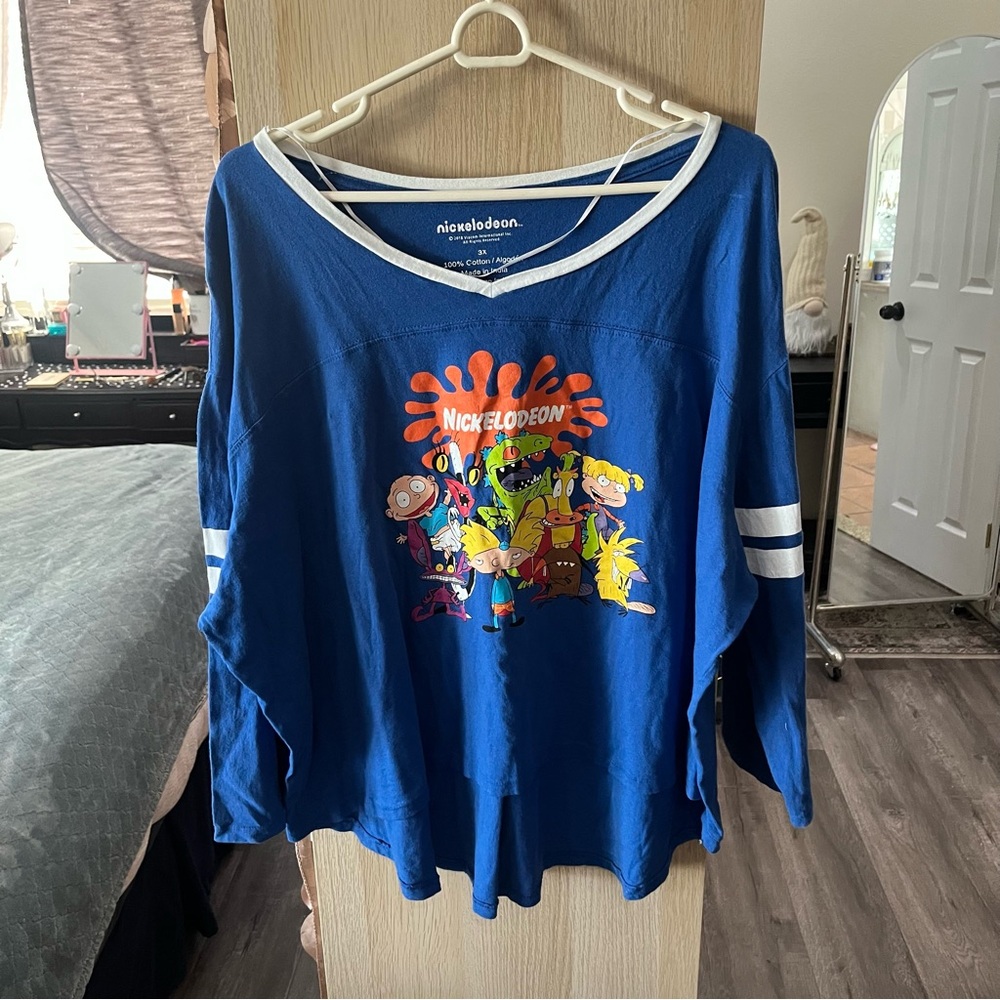 Nickelodeon 90s Cartoon Graphic Long Sleeve Shirt Blue V-Neck Plus Size 3X‎